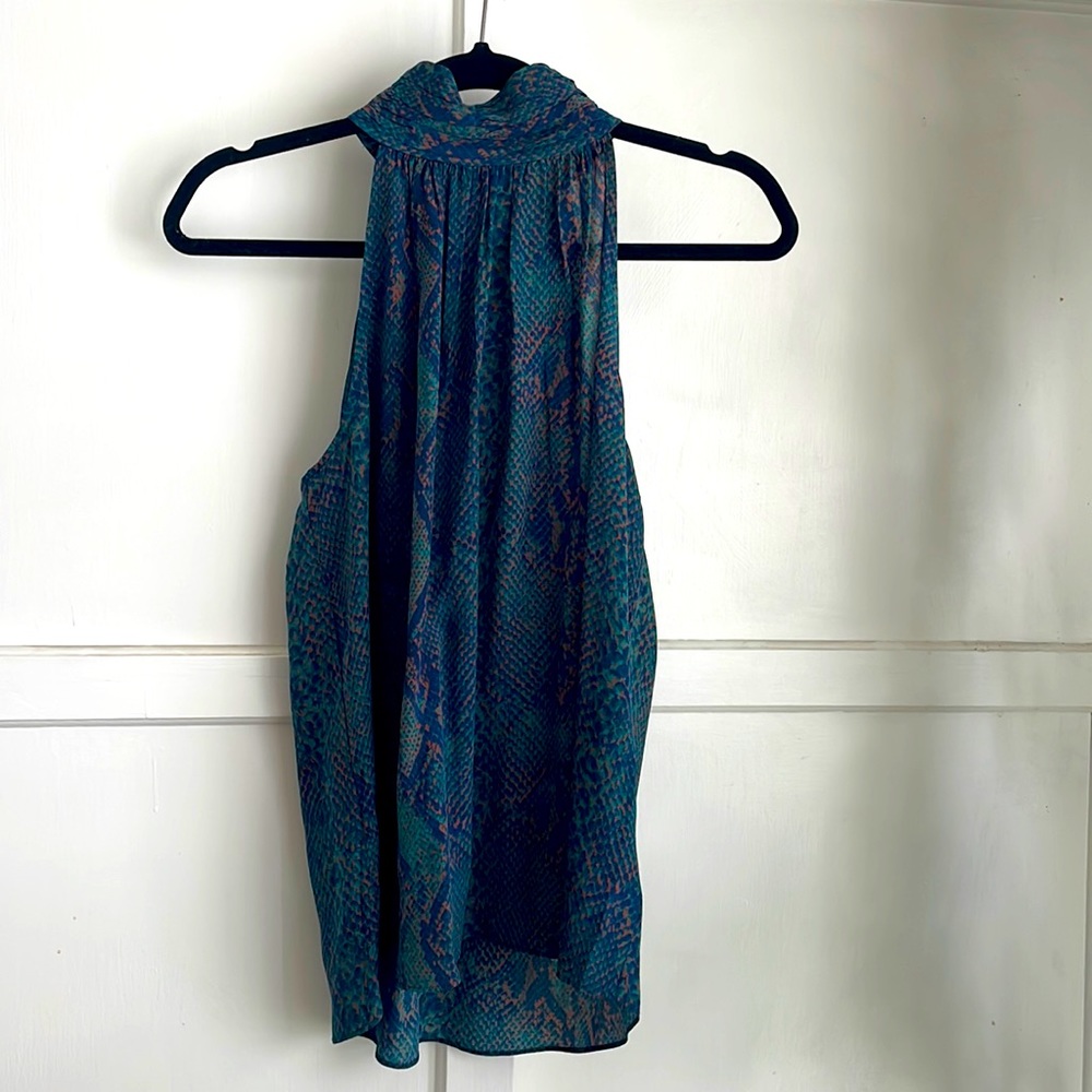 JOIE Erika Peacock Silk Top Button Neck Snake Teal